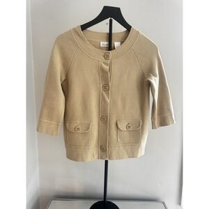Preswick & Moore Tan Cotton‎ Cardigan 3/4 Sleeve Button Classic Petite Sz S